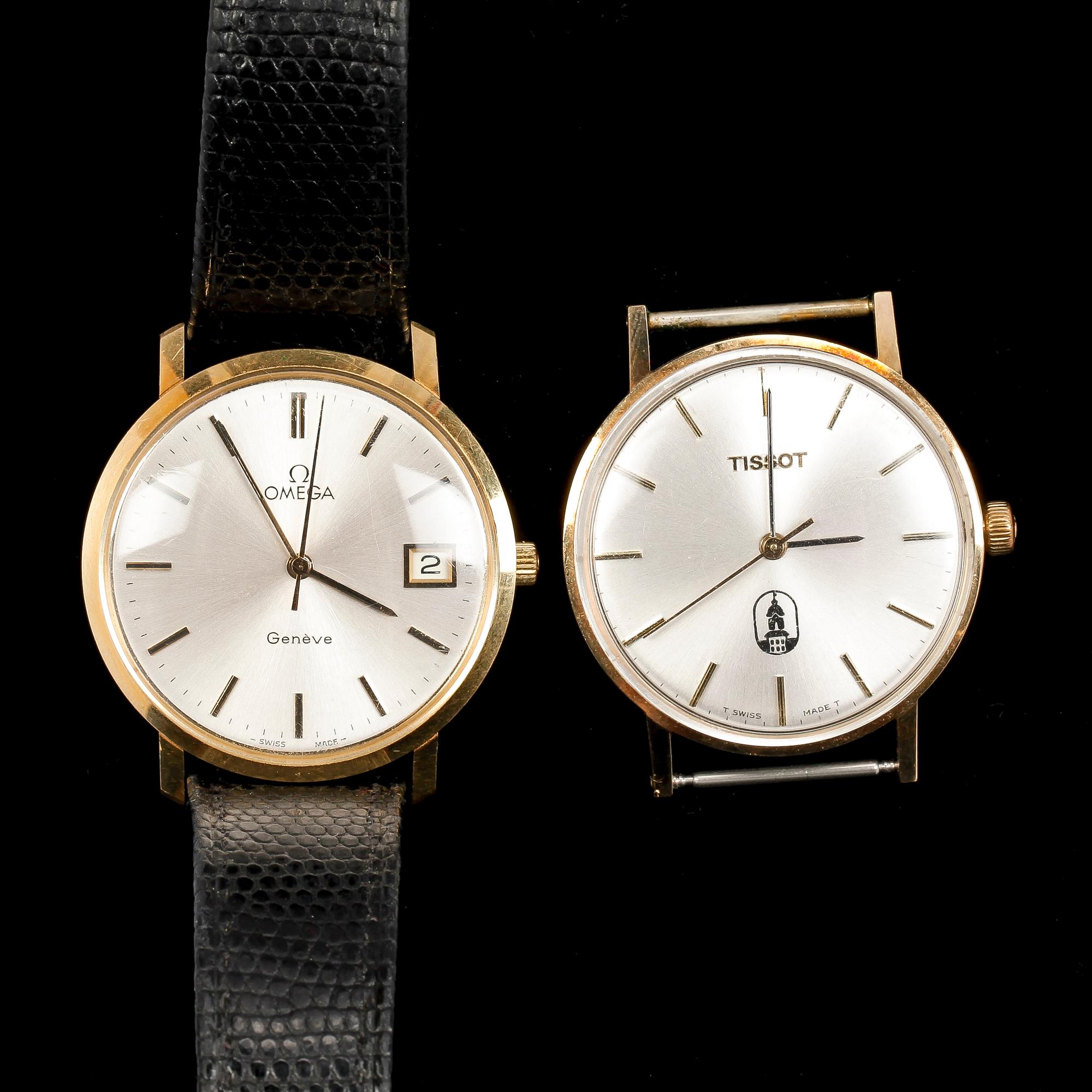 HERRARMBANDSUR, 2 st, 18k resp 14k guld, Omega resp Tissot.