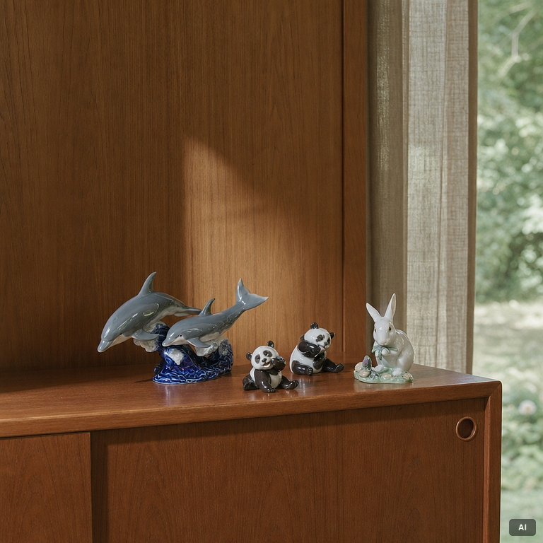 Lladró, 4 figurines, "The Chinese Zodiac": "A happy panda", "A cheerful panda", "The Rabbit", "Dance of the Dolphins".