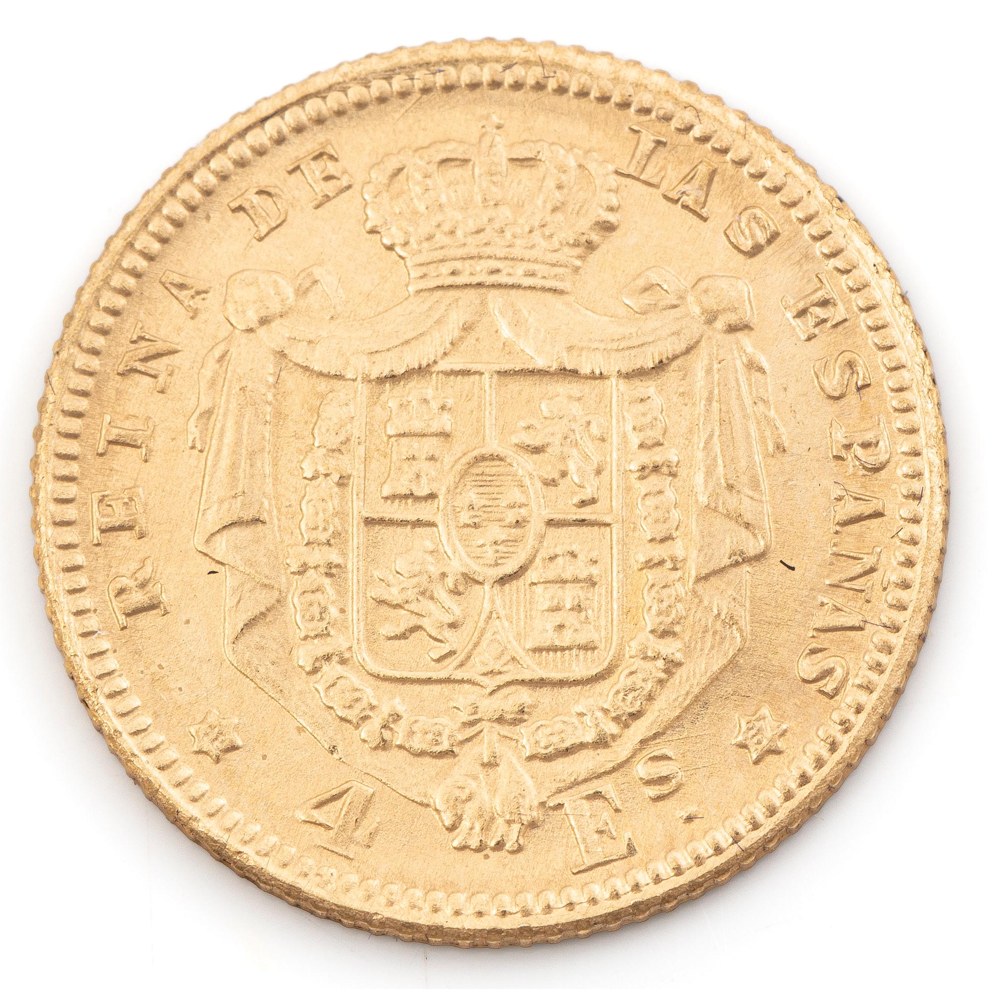 Gold coin, Spain, Isabella II, 4 Escudos, 1867.