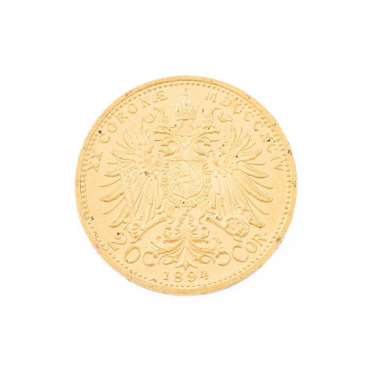 Gold coin, Austria-Hungary, 20 Corona, 1894.