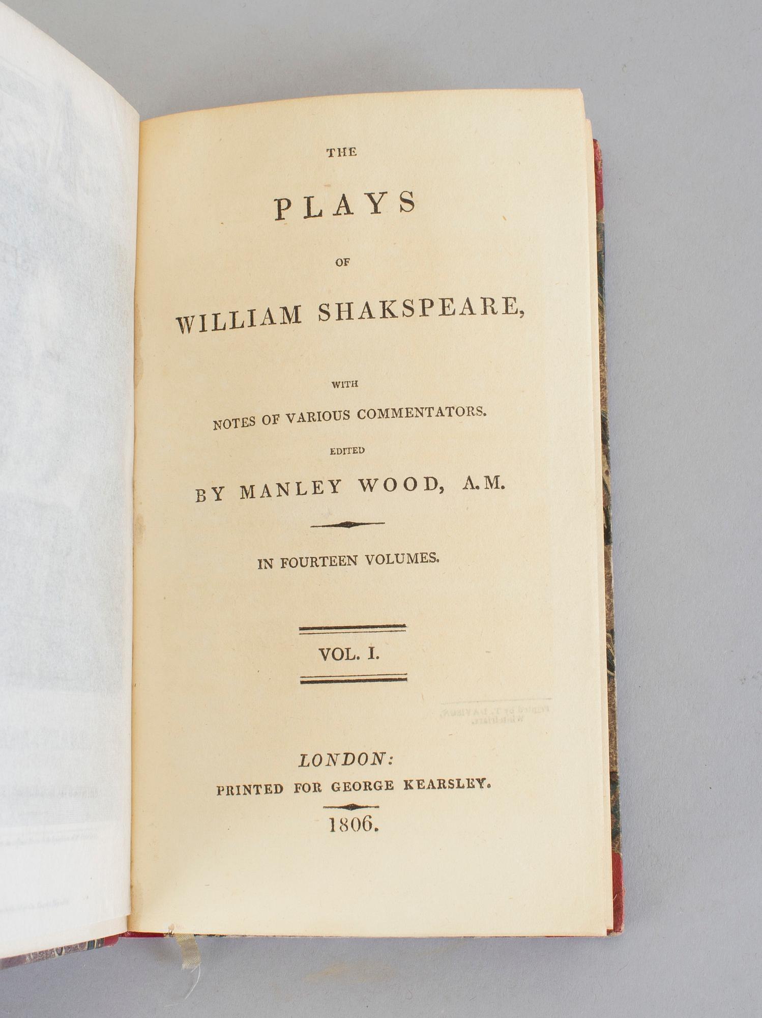 WILLIAM SHAKSPEARE, 14 vol, The Plays of, with notes.., Manley Wood, London 1814.