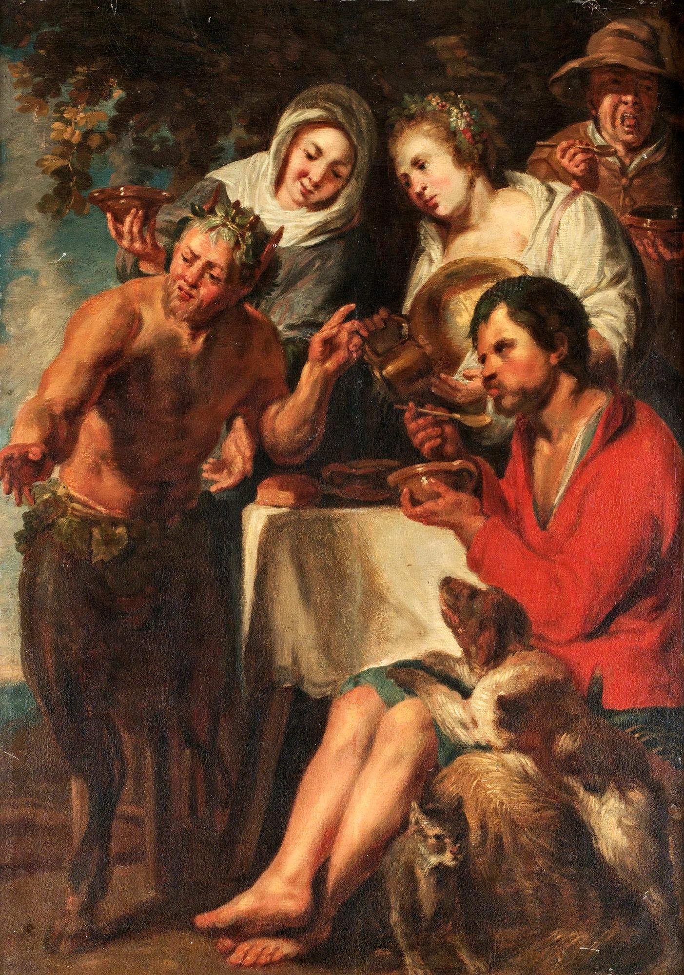 Jacob Jordaens Tillskriven, "Satyr i bondefamilj".