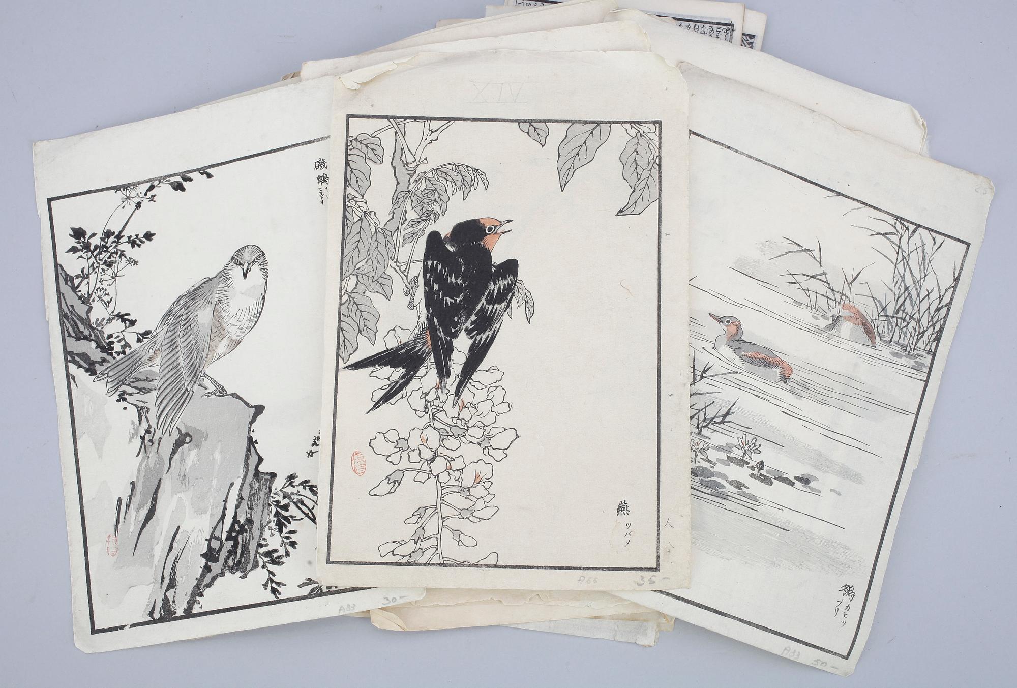 PARTI TRÄSNITT. ca 91 delar. Bland annat delar ur Hokusais Manga. Japan, 1800/1900-tal.