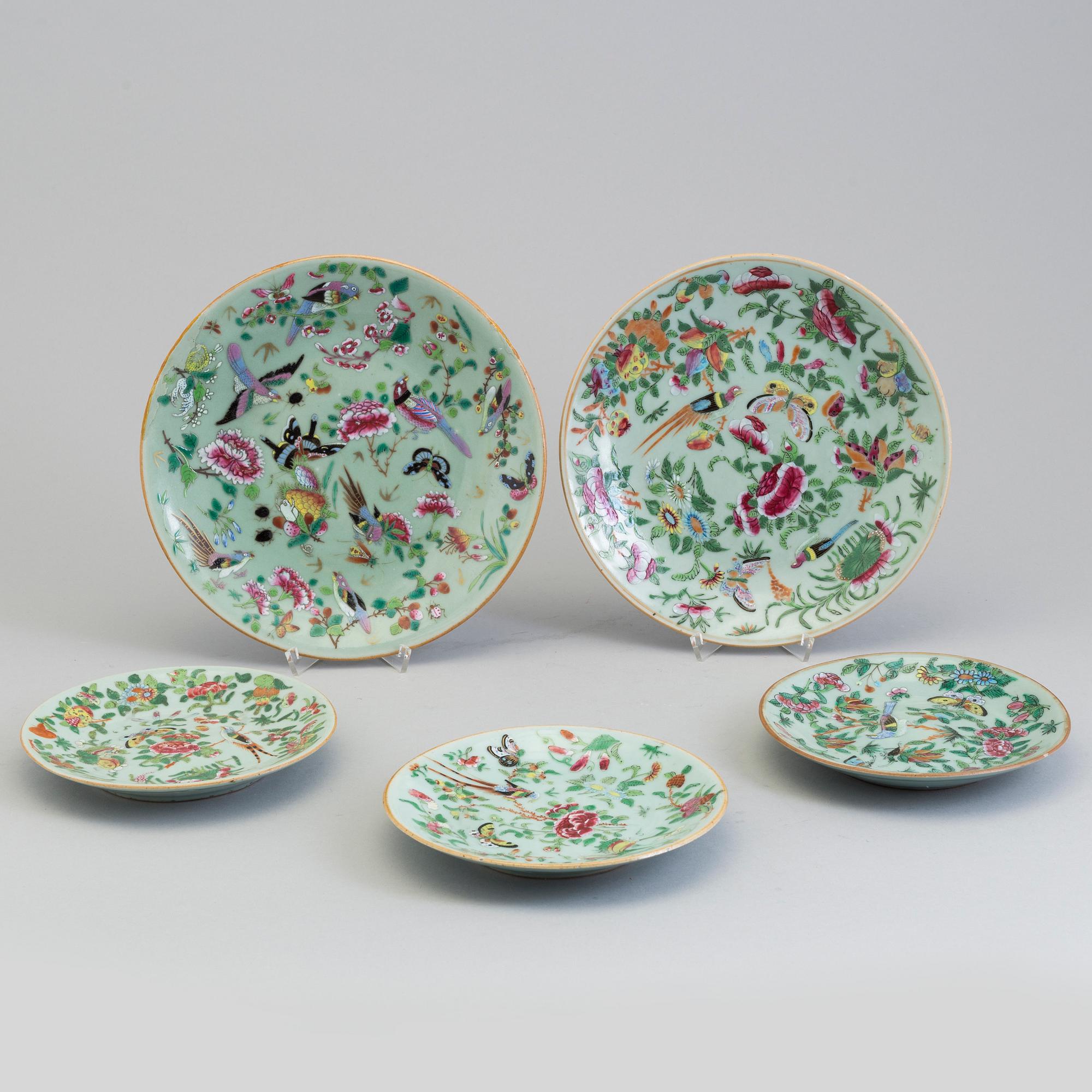 Five Canton enamelled porcelain dishes, Qing dynasty, late 19th century.