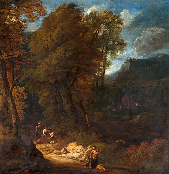 382. Cornelis Huysmans Hans krets, Höglänt landskap med vandrande figurer.