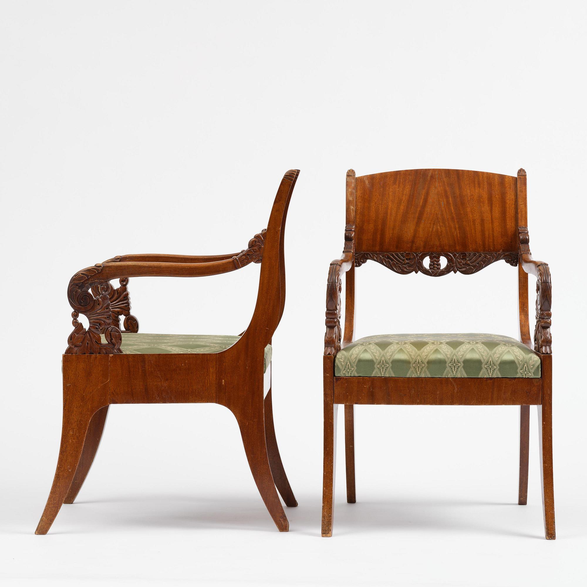 A pair of Baltic / Russian mahogany Empire armchairs, first part 19th century.