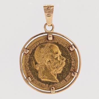 A ca 21K (.900) and 14K gold coin pendant, Franz Joseph I, Austria-Hungary, 1895. 20 Corona.