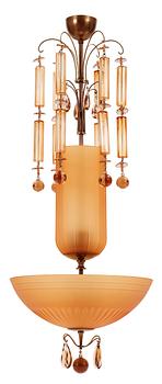 A 1920-30's glass and brass ceiling lamp.