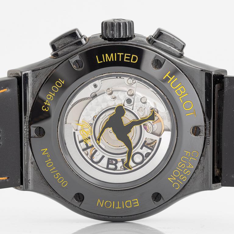 Hublot, Classic Fusion, Aerofusion, "Pelé Limited Edition", ca 2014. <b>Case size:</b> 45 mm
<b>Material:</b> ceramic/titanium
...