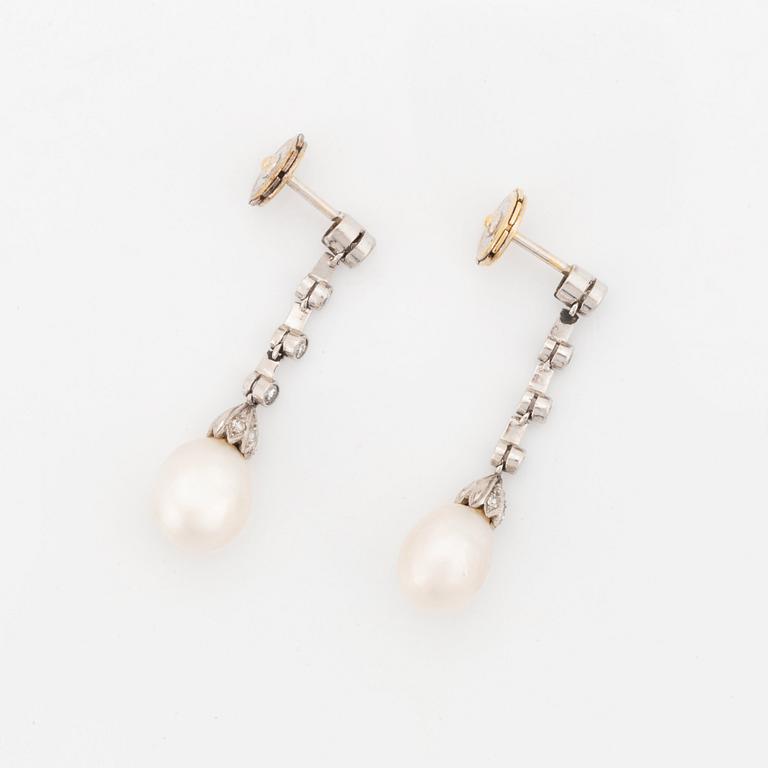 A pair of platinum and pearl earrings set with round brilliant- and eight-cut diamonds.