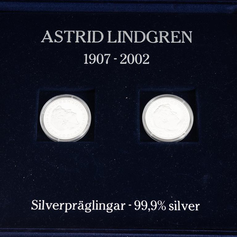 Minnesmynt/jubileumsmynt, 18 st, sterlingsilver, Astrid Lindgren & Nordens sagor, Myntverket Moneta.