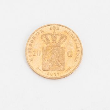 A Dutch goldcoin, 10 Gulden, 1877.