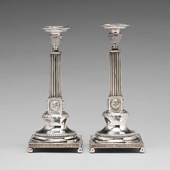 195. A pair of Swedish 18th century silver candlesticks, mark of Lars Boye, Stockholm 1792.