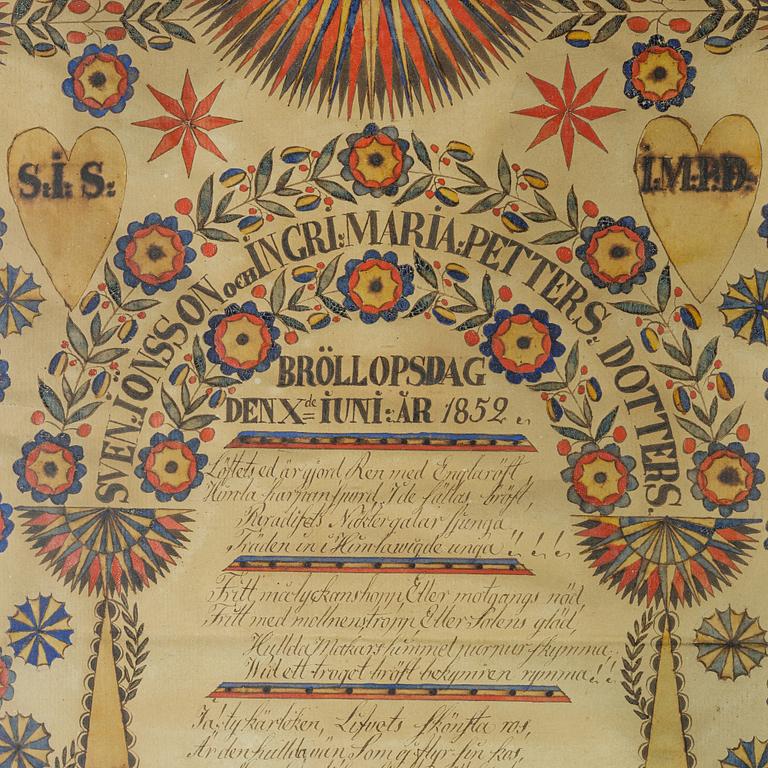 A set of three folk art commemorative paintings, 19th century.