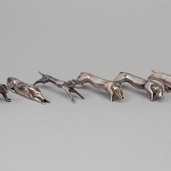 12 silver plated animal-shaped knife rests designed by Marcel Edouard Sandoz for Gallia Christofle, France.