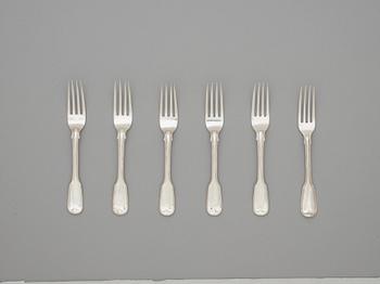 A 19th century silver set of 6+6 dessert forks, five marked Dublin 1849 and knifes, marks of Moses Brent, London 1814.