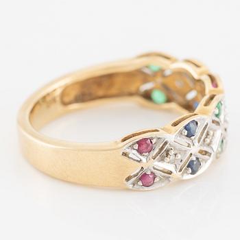 Ring, 18K gold with emeralds, rubies, sapphires, and small diamonds.