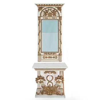 SPEGEL MED KONSOLBORD. Senempire, 1800-talets första hälft.