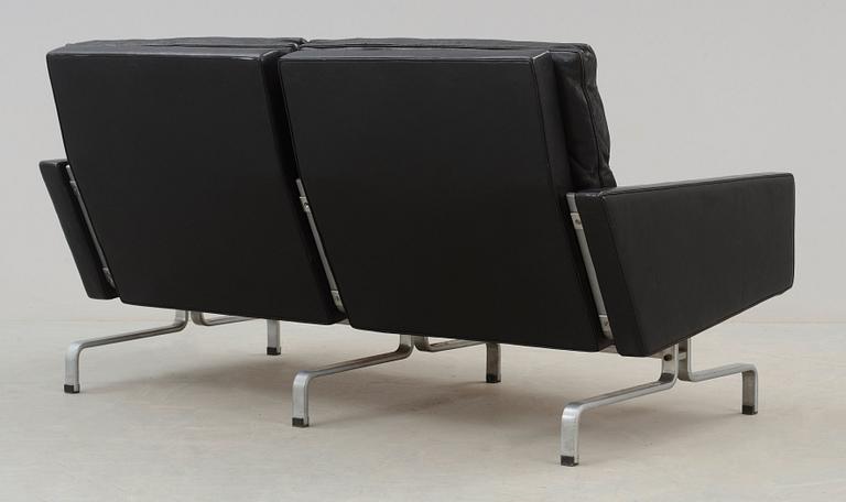 A Poul Kjaerholm 'PK-31-2' black leather and steel sofa, E Kold Christensen, Denmark.