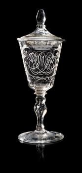 1188. A large Bohemian cut and engraved goblet with cover, 18th Century.