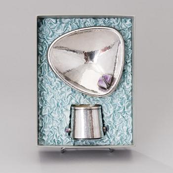 a silver bowl and a beaker with amethyst decor, mark of Reijo Sirkeoja, Hopeataidetakomo, Tampere Finland 1964-65.