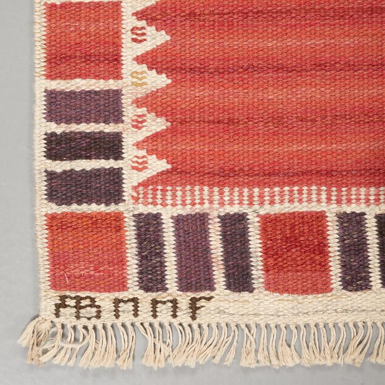 Barbro Nilsson, A CARPET, "Salerno kallröd med enkel bård", flat weave, ca 217 x 149,5 cm, signed AB MMF BN.