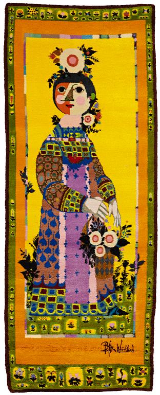 Björn Wiinblad, A WALL HANGING/A CARPET, "Tucano", "Spring Lady", hand knotted, ca 282 x 106 cm, signed Bjørn Wiinblad.