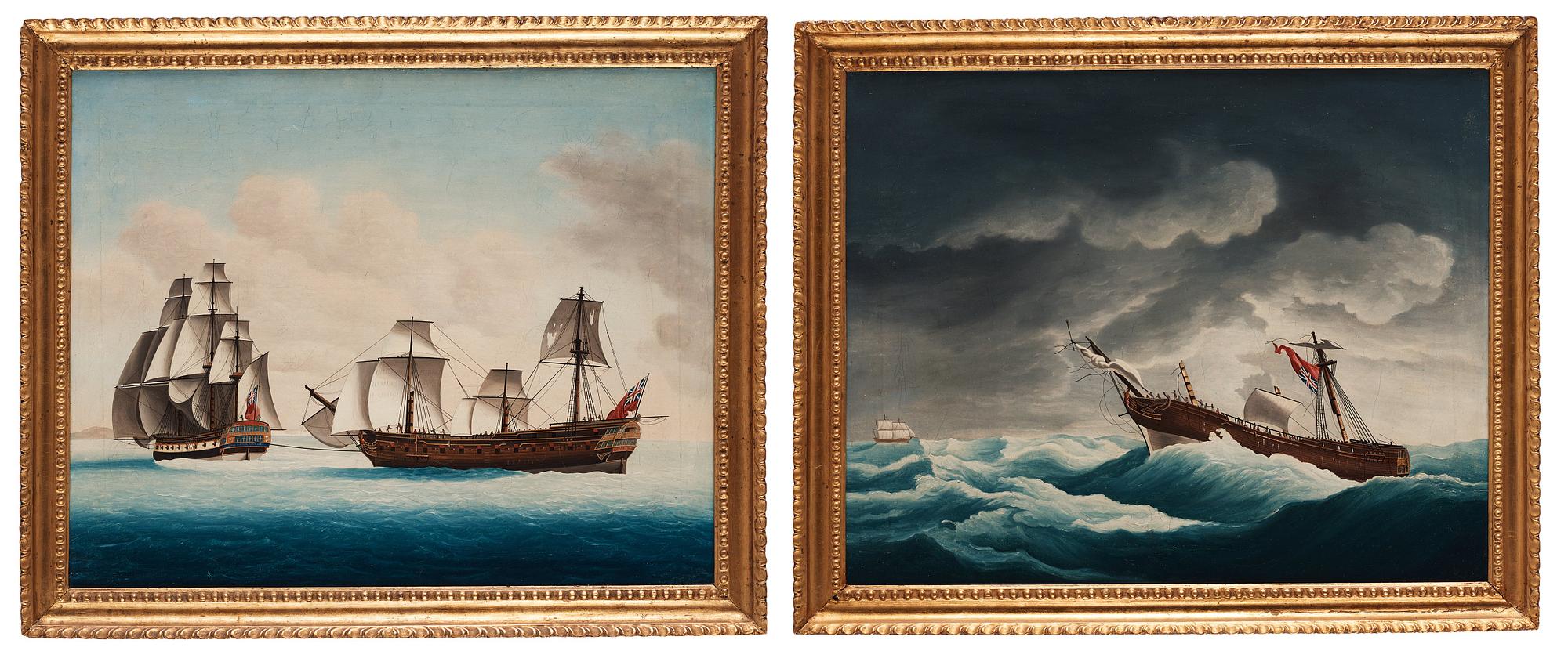 Two Chinese Export paintings of East Indiamen, Qing dynasty, circa 1800.
