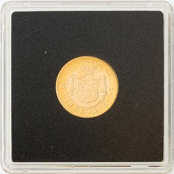 Guldmynt, Oscar II, 10 kronor, typ I, Sverige 1874.