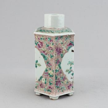 A large famille rose tea caddy and a cloisonne vase, Qing dynasty, late 19th century, and China, 20th century.