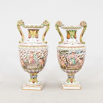 Urns a pair Capo Di Monte, Napoli-like marking, Italy, 20th century porcelain.