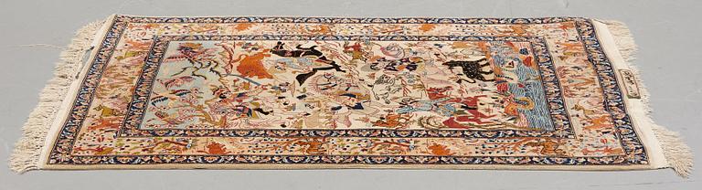 A rug, semi-antique/Old Esfahan figural, signed, ca 154,5 x 106,5 cm ( ca 2,5-3,5 cm flat weave at the ends).