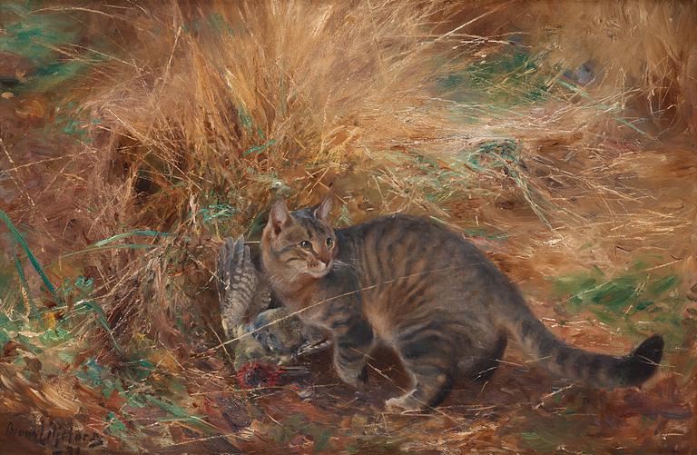 Bruno Liljefors, Cat with European green woodpecker.