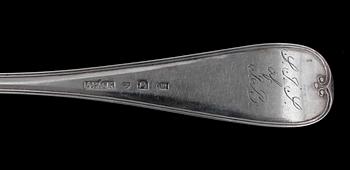 MATSKEDAR, 7 st, silver, snarlika, troligen Jonas Olsson Enberg, Värnesborg, 1856. Vikt 399g.