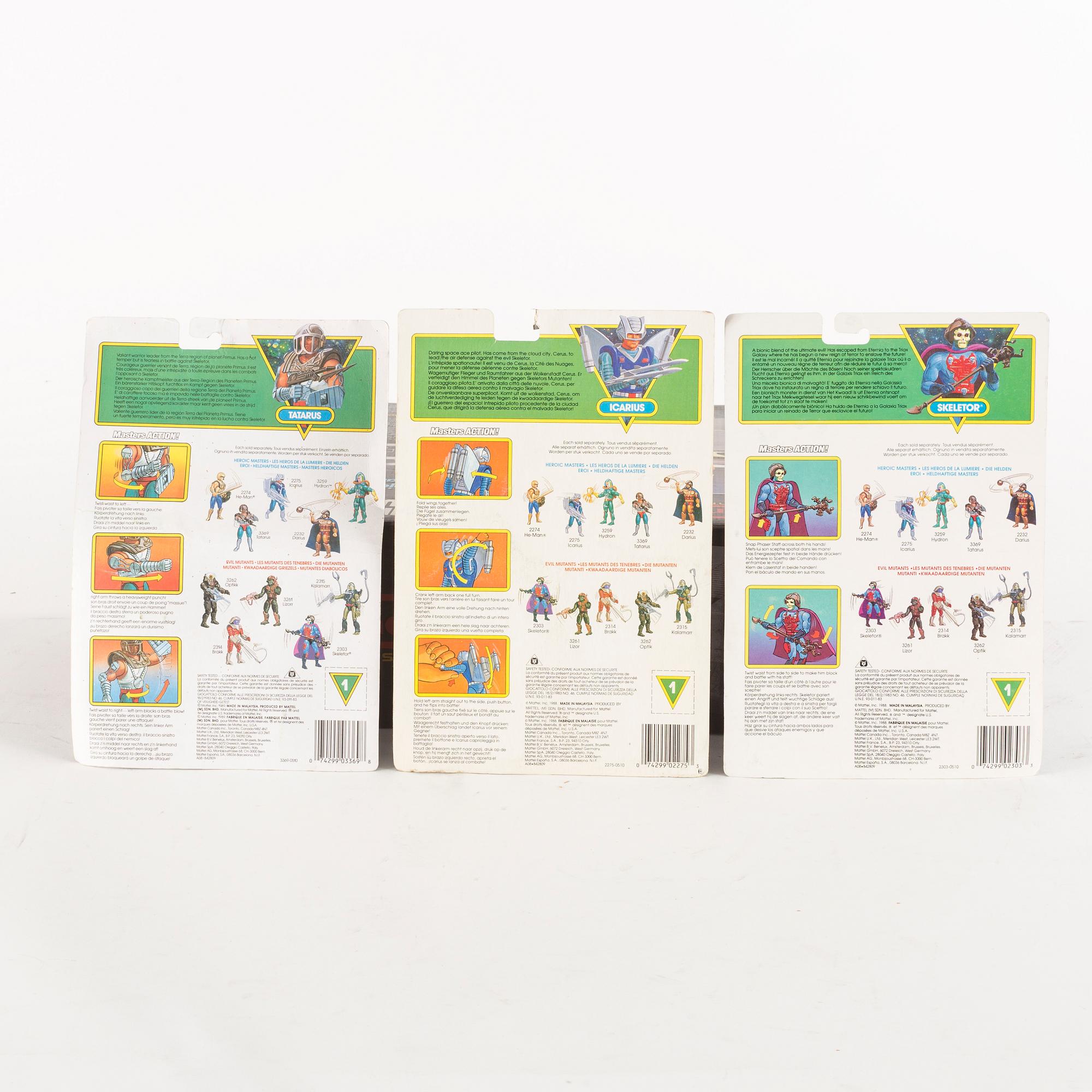 HE-MAN, 12 stycken actionfigurer i förpackning, Mattel, 1988.