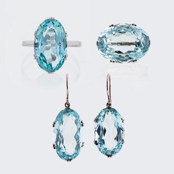 EARRINGS, RING and BROOCH, facetted aquamarines, platinum.