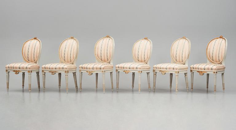 A set of six carved Gustavian chairs, one by Eric Levin (master ca 1780), late 18th century.