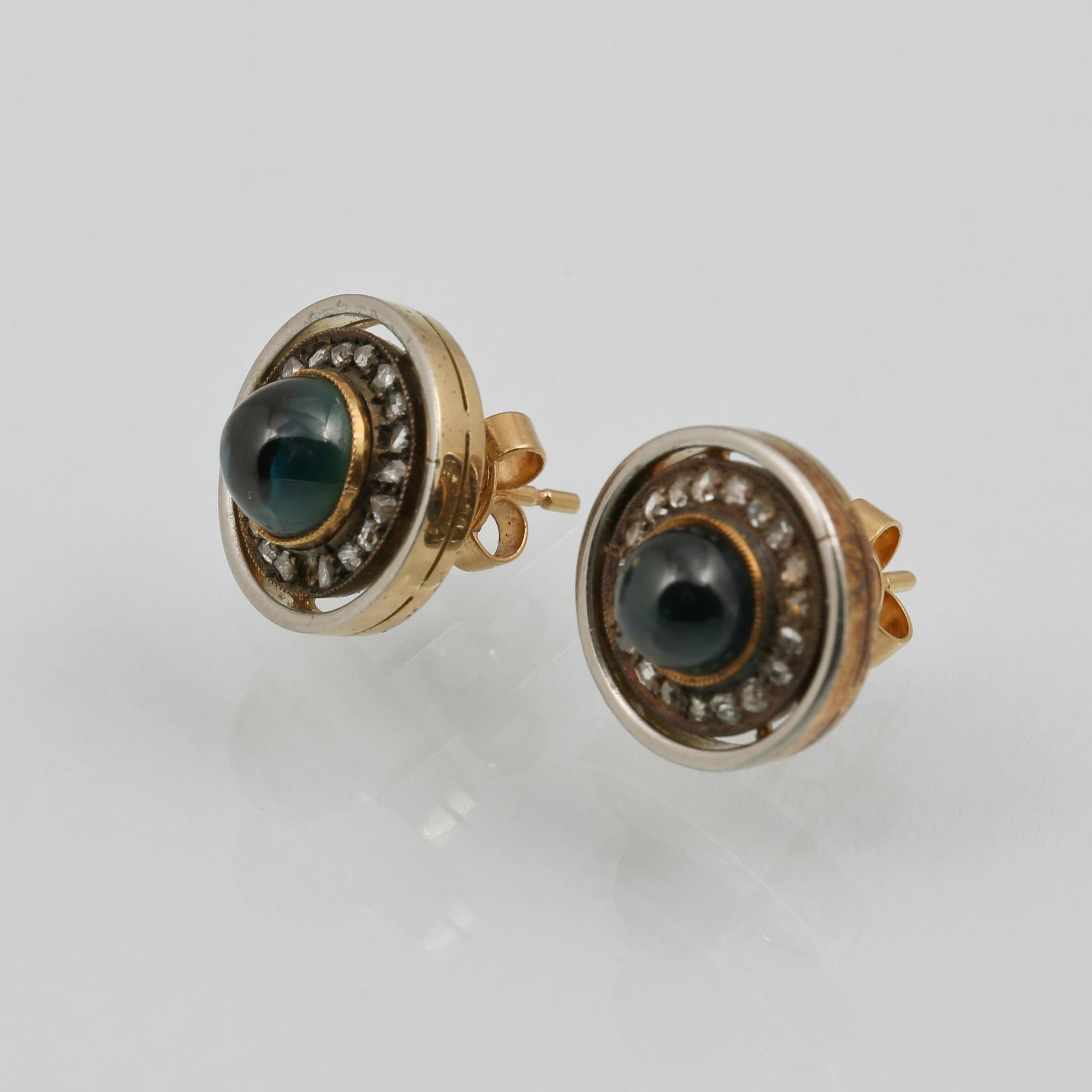 ÖRHÄNGEN,silver samt 18K guld  fasettslipade små diamanter samt cabochonslipade blå safirer. Vikt 5,9 gram.