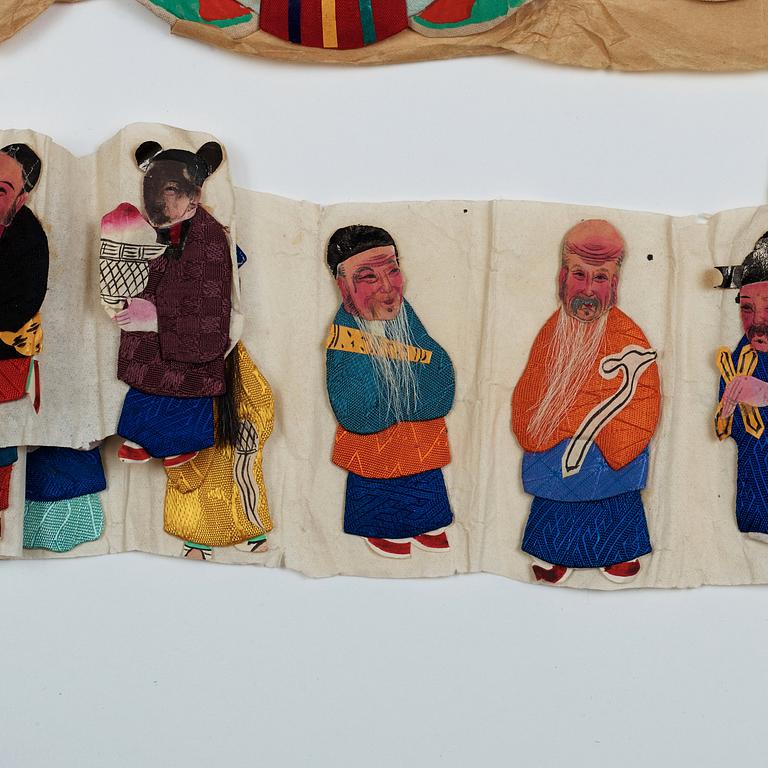 A collection of four sets of paper and silk dolls of Shoulao and the eight immortals, presumably Republic (1912-1949).