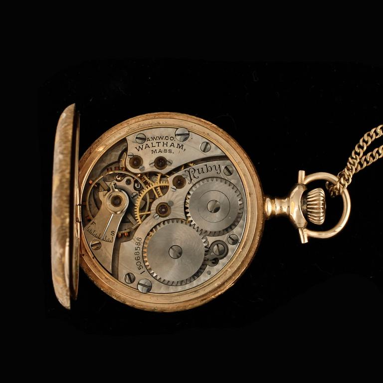 SAVONETTUR OCH KEDJA, dam, 14k resp 18k guld. Waltham Watch Co, USA, modell 1898, Ruby. Vikt 20,6 resp 10,9g.