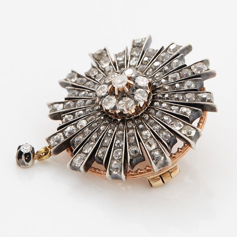 Brosch 14K guld och silver med gammalslipade diamanter.