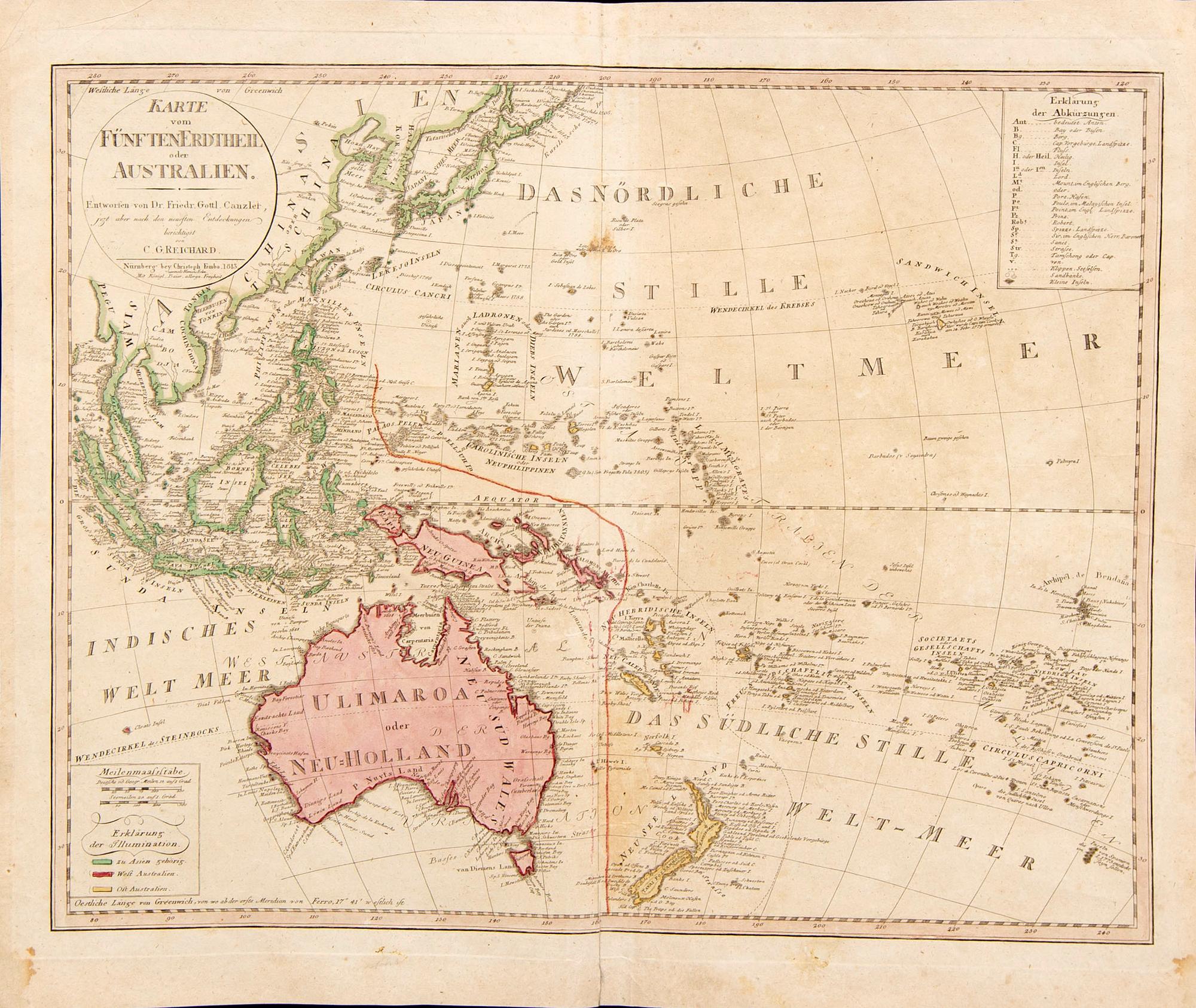 Christian Gottlieb Reichard, map, hand colored copper engraving, Nürnberg 1813.
