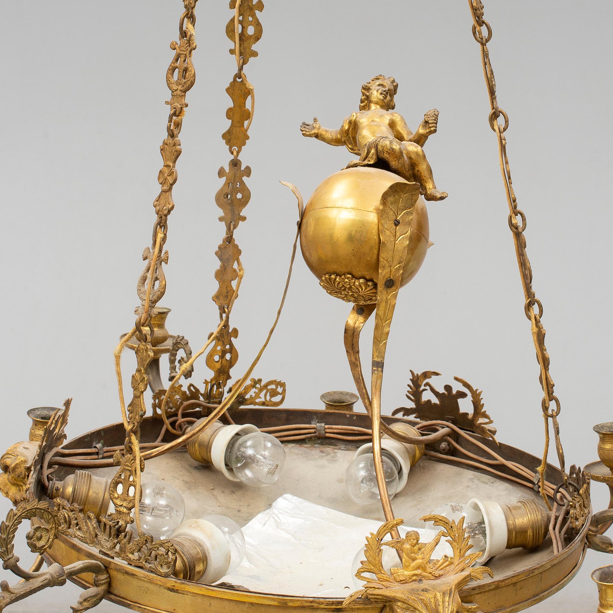 An Empire-style nine-light hanging lamp, late 19th century.