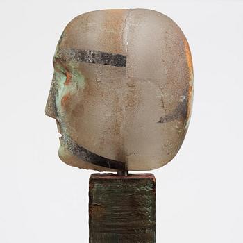 Bertil Vallien, a unique sand cast glass sculpture, head on stand, Kosta Boda, Sweden.