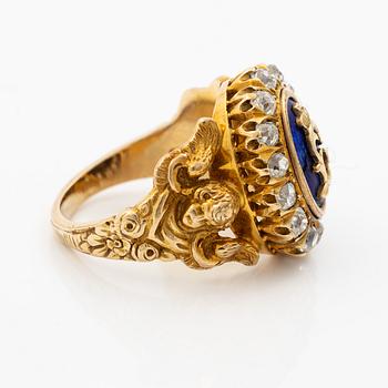 Ring, 14K gold with monogram, enamel and old-cut diamonds.