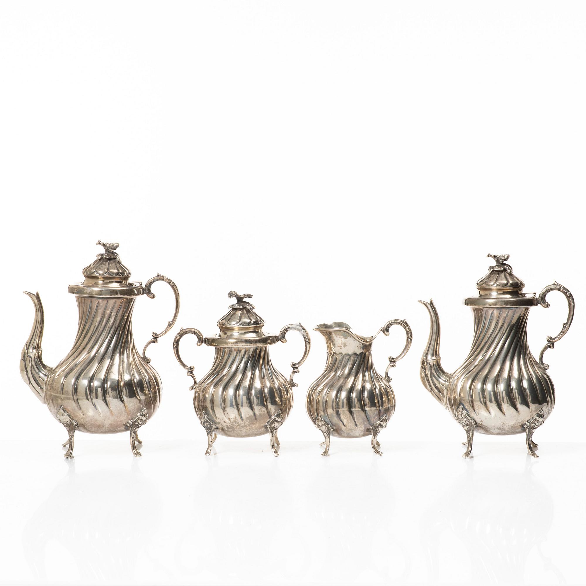 Tea/coffee service, 4 pieces, silver, Rococo style, 20th century.