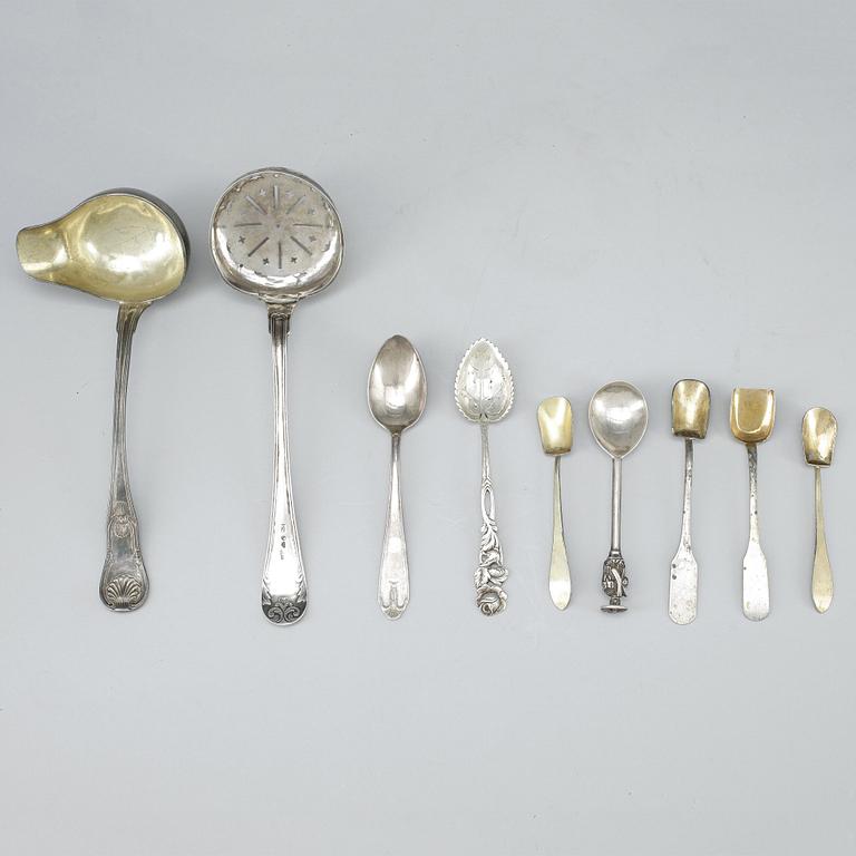 PARTI SILVERBESTICK, 9 delar, flertal mästare, bla Carl Fredrik Olsson i Stockholm. 1800-1900-tal. Tot ca 178 gram.