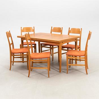 Carl Malmsten, dining set 7 pcs table "Gustavus" and chairs "Calmare nyckel" from the second half of the 20th century.