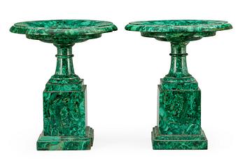 600. A pair of Russian Empire 19th Century malachite veneered tazza.