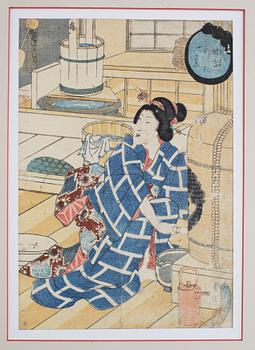TOYOKAWA YOSHIKUNI samt KUNISADA, färgträsnitt, 2 st, japan, 1800-tal.